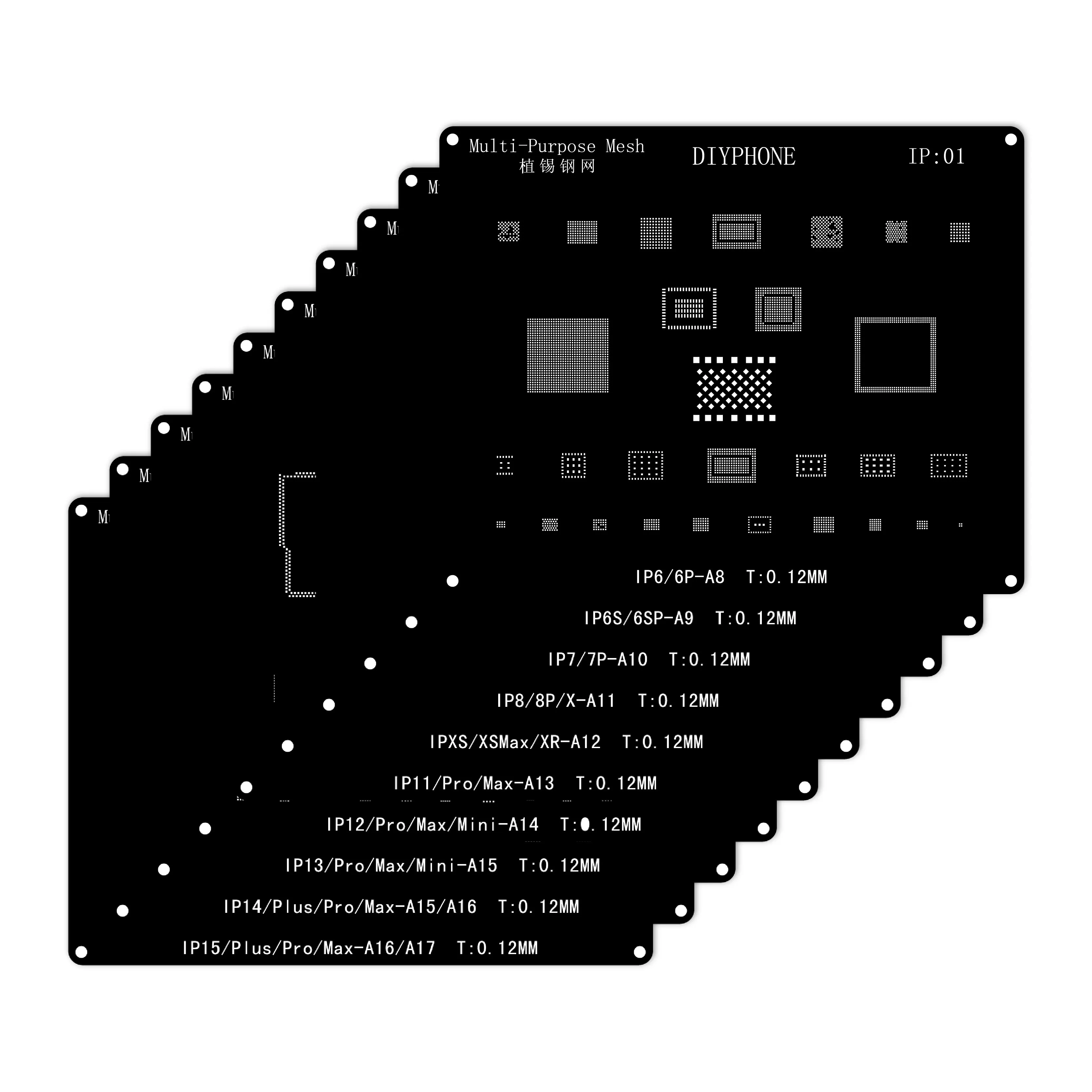 diyphone bga modelo de estencil reballing para iphone 15 14 13 12 11 pro max xs xr x aco preto estanho plantio rede de solda 01