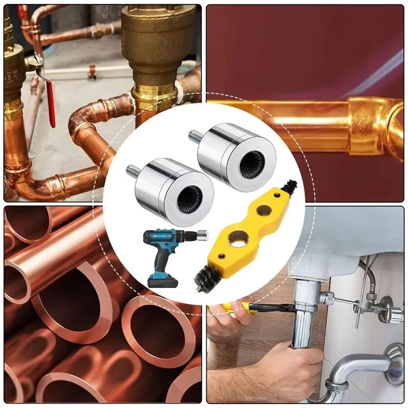 Limpiador de tubos de cobre AD23 con cepillo de batería 4 en 1, doble para taladro, tubo de limpieza de plomería, accesorios de cepillo de batería
