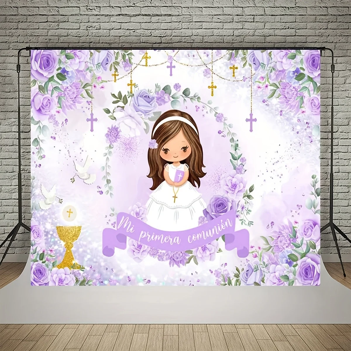 خلفية بركة الله: معمودية التواصل للفتيات Miprimera، زهور أرجوانية، خلفية لافتة نعمة الله