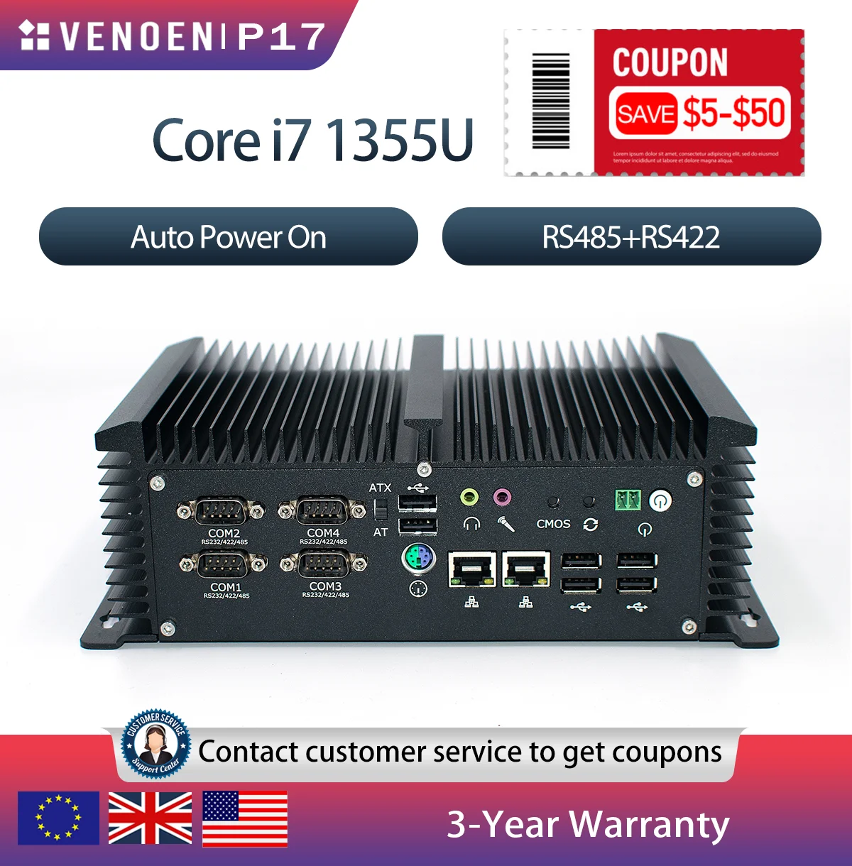 VENOEN MINI PC Fanless P17 Powerful Industrial Automation 13th Gen intel Core Processor 1355U 1255U i7 4LAN Auto Power  On