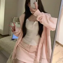 Korean College Hooded Hoodie Lace Sling Skirt Three Piece Set Women Fashion Temperament Drawstring Sweet Solid Loose Spring Suit