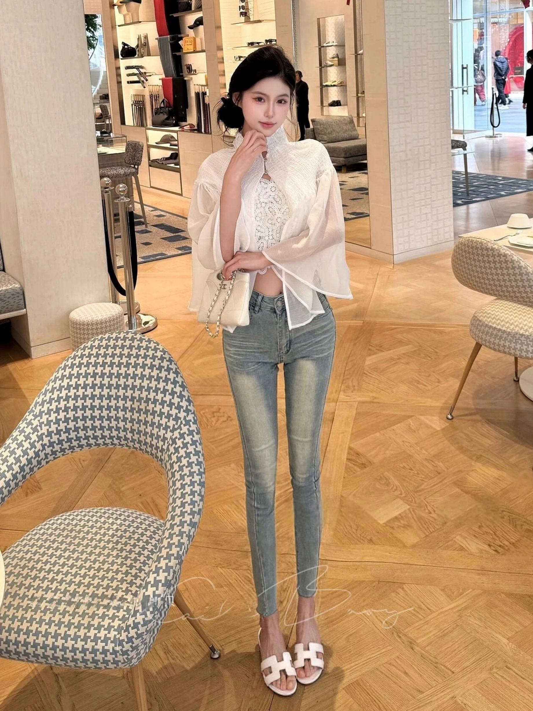 

Женские джинсы Early Spring L Slim Fit с высокой талией из хлопкового стрейч-денима, светло-голубые, укороченные, с высокой эластичностью