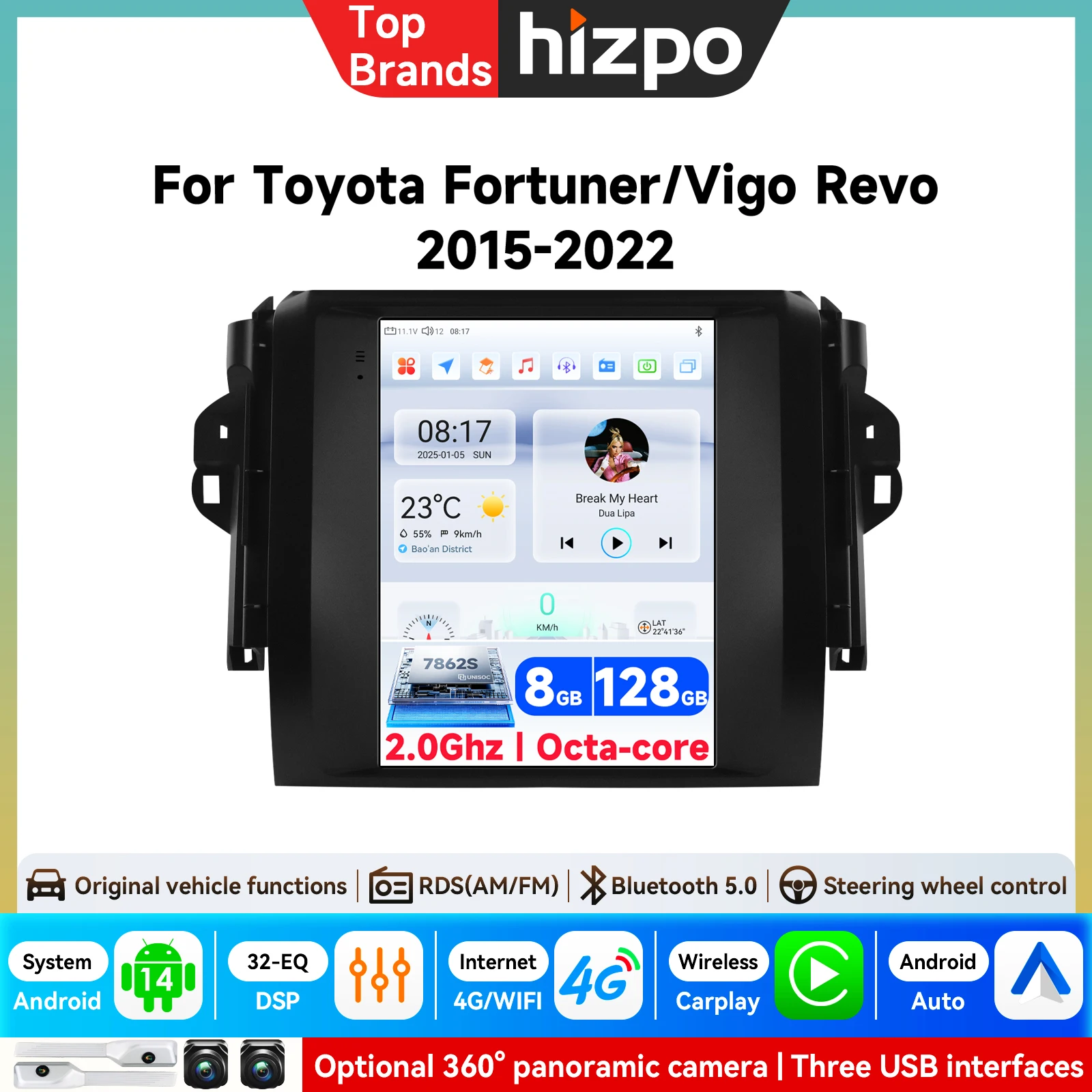 9,7-Zoll-Autoradio-Navigationssystem für Toyota Fortuner/HILUX Revo 2015–2022, kabelloses Carplay, Touchscreen, GPS, Video-Multimedia-Player, Android Auto, Headunit, kabellos mit Apple CarPlay,