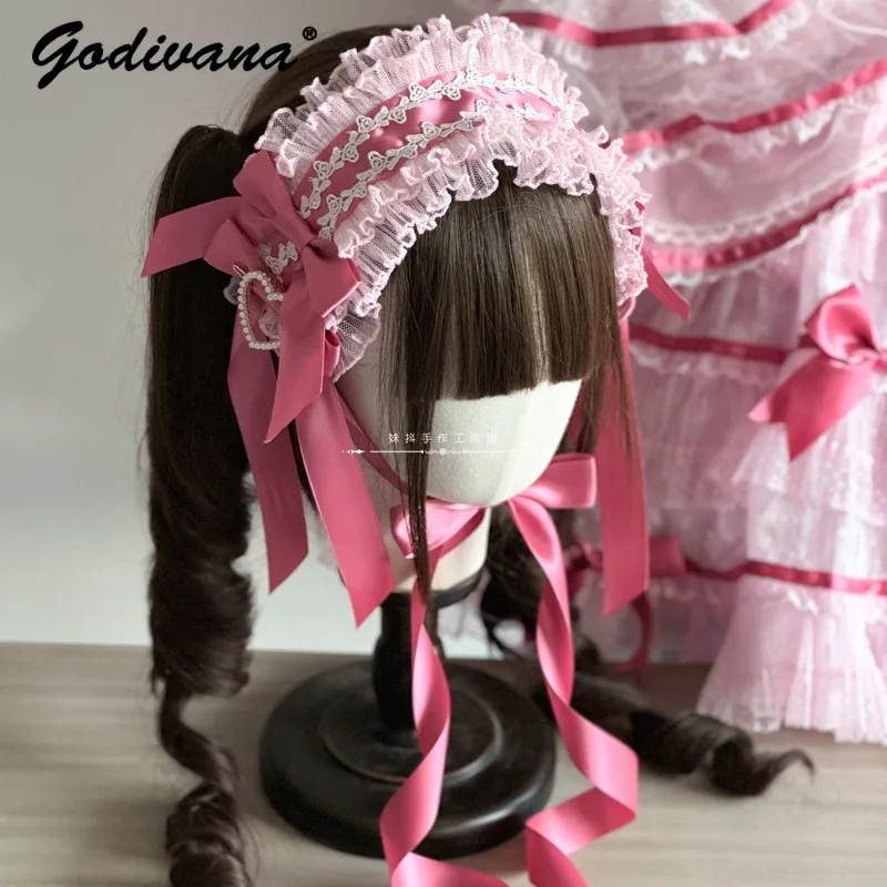 Velvet Cake Lolita handgemaakte roze hoofdband BNT Kc cosplay accessoires hoofddeksels meisje dames schattig kant satijnen strik zwarte haarband