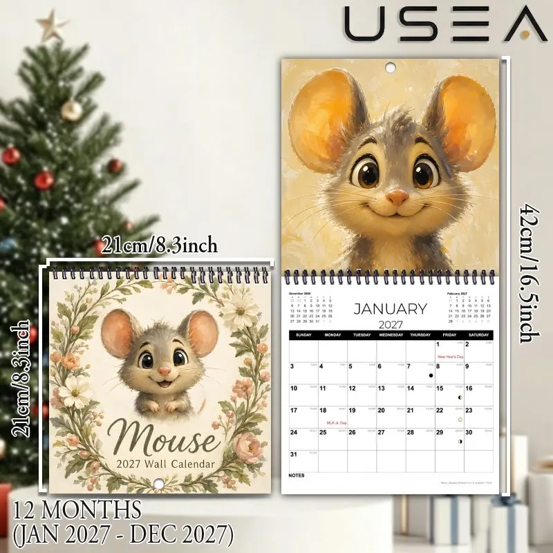 2027 Wall Calendar,Month Planner with Habit Tracker,US Holidays & Moon Phases,Boho Wildflower Mouse Design, Ideal Christmas Gift