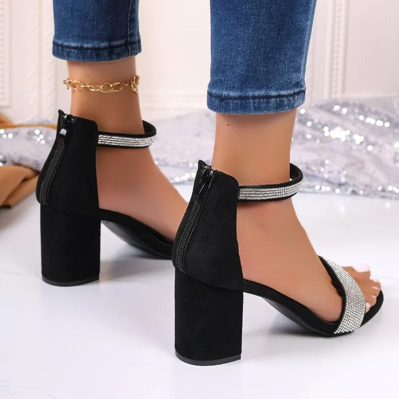 2024 Brand Ladies Shoes Cover Heel Women\'s Sandals Fashion Crystal Solid Office and Career New Plus Size Peep Toe Heeled Sandals