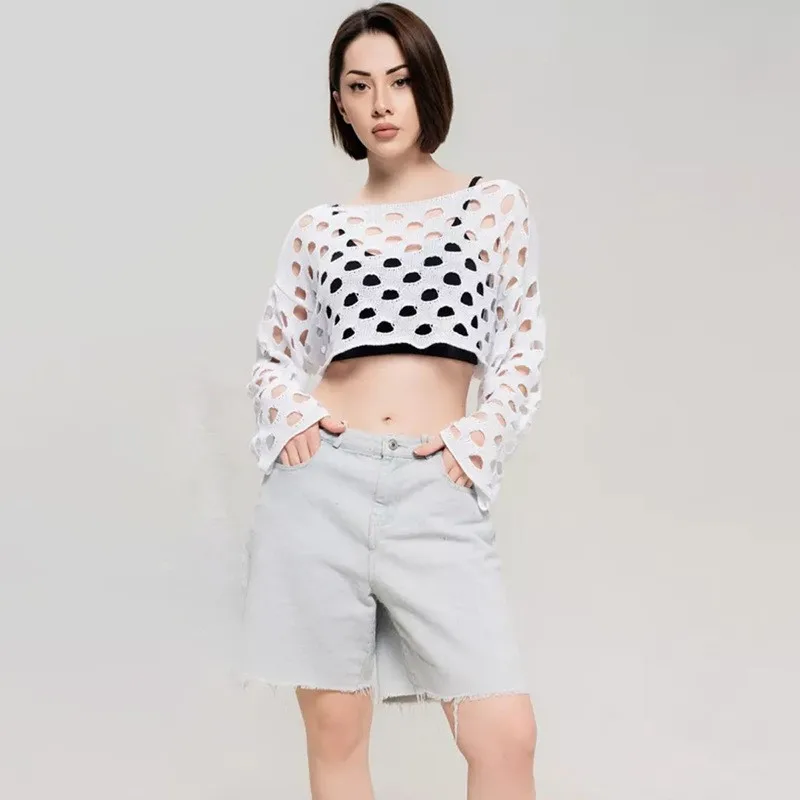 Top de Punto de Moda para Mujer, Manga Larga, Cuello Redondo Calado, Color Puro, Estilo Casual, Tejido Fino de Longitud Media...