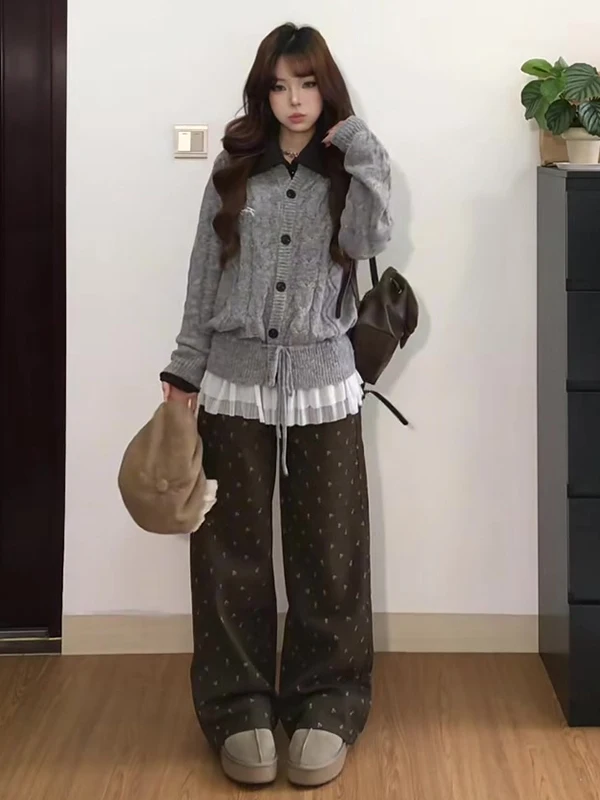 

Retro Brown Floral Denim Jeans High Waist Straight Leg Wide Leg Floor Length Pants for Women Autumn Winter New Style Loose Fit