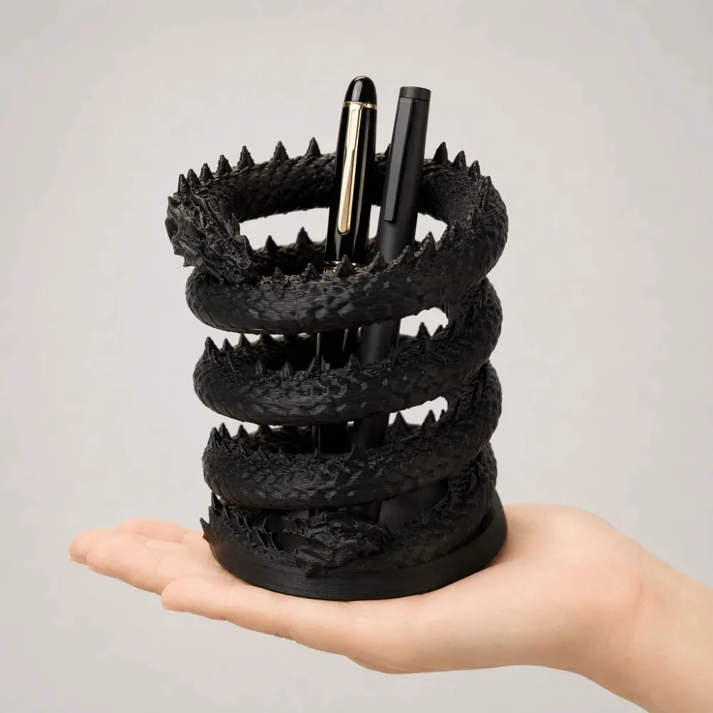3D Printed Cool Black Dragon Pen Holder, Realistic Spiral Coiled Desktop Storage Statue, Creative Office Desk Decor Gift