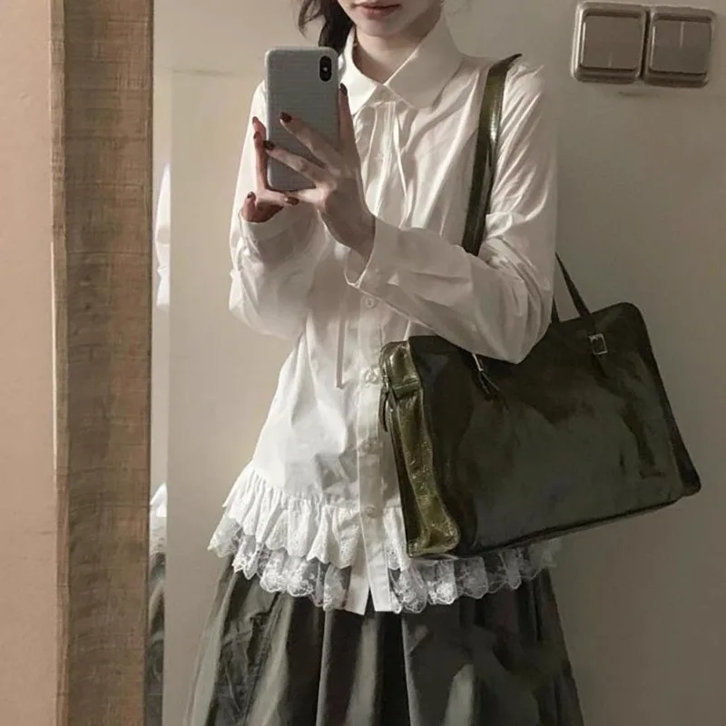 

White Splicing Lace Shirt Women 2025 Spring Lapel Tie Single Breasted Loose Lady Tops Korean Preppy Style Sweet Blouse