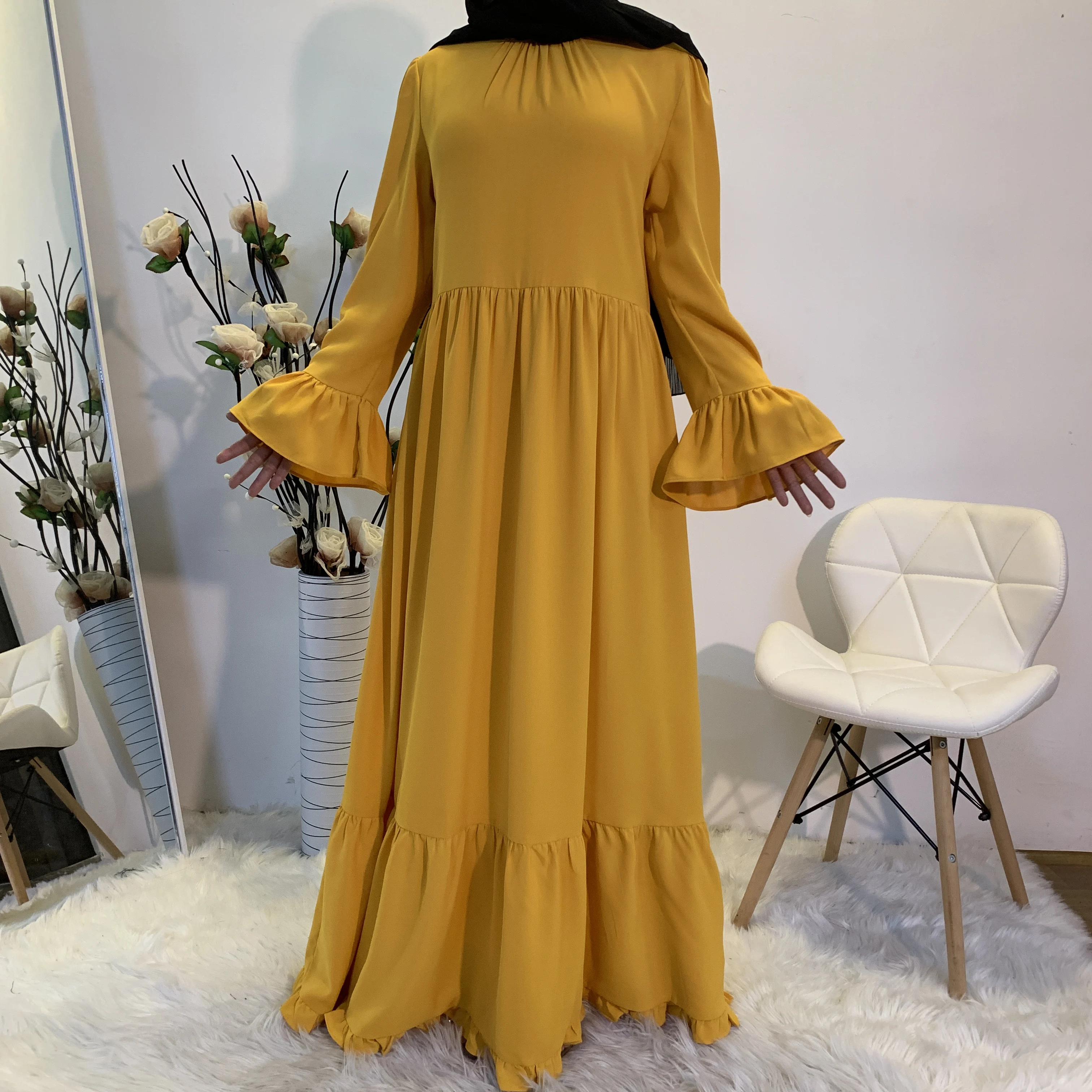 Muslim women long sleeve ruffled robe vest dress Arab Dubai Turkey new fashion simple casual patchwork women\'s long dress