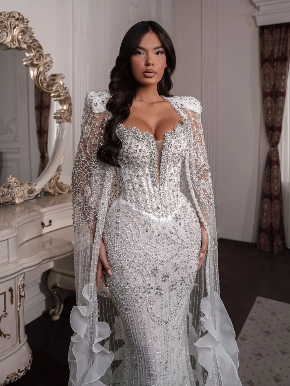 Luxury Beaded Rhinestone Wedding Dress With Shawl Sexy Deep V-neck Bridal Gown Customized Elegant Mermaid Long Dresses For Bride