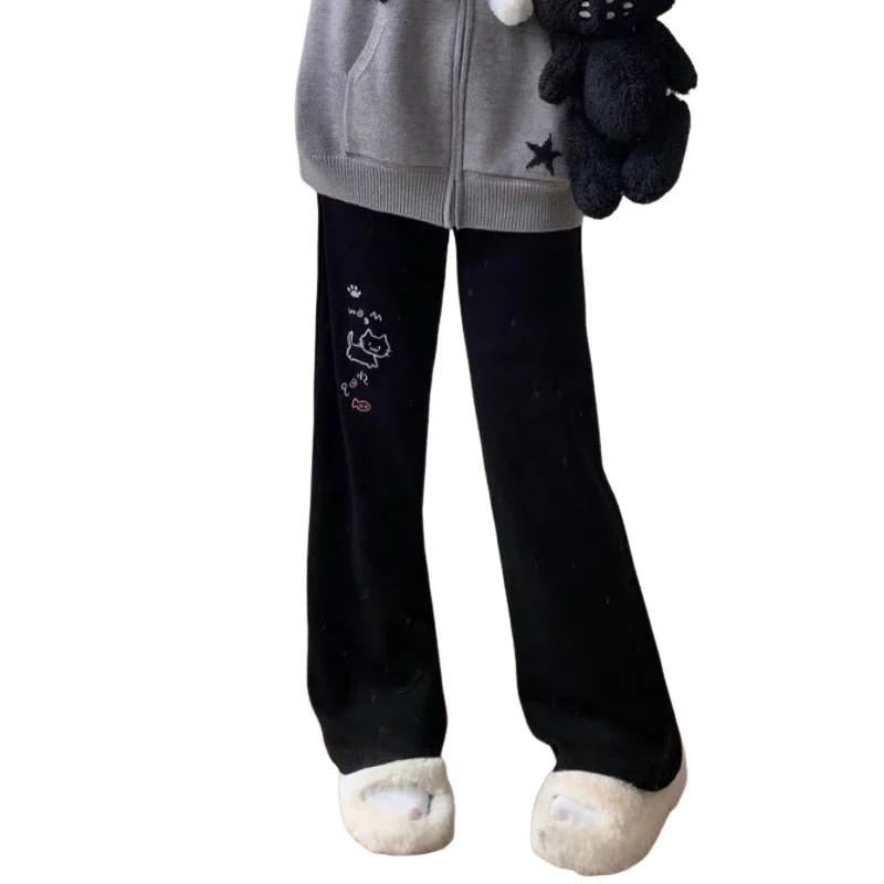 أسود انمي ياباني لطيف القط المطرزة سراويل تقليدية الطالبات فضفاض اللف السراويل في الخريف والشتاء 2025 لطيف حار