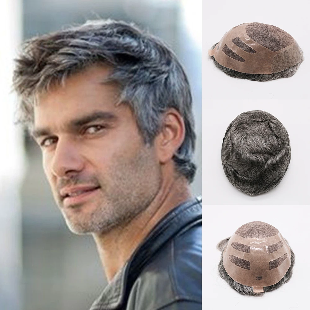 Durable Strongest NPU Bond Mono #1b65 Gray Men Toupee Human Hair Wigs Prosthesis Breathable Natural Hairline Capillary System