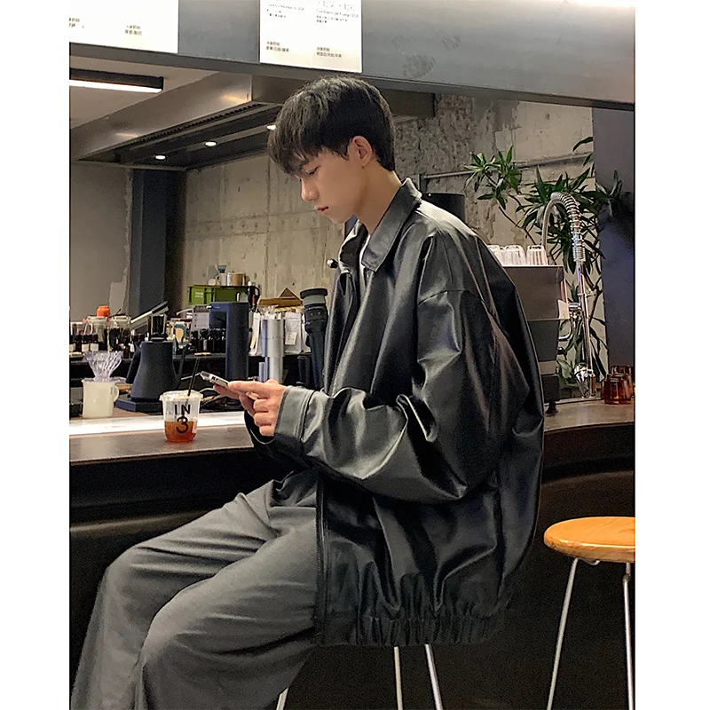 

American Sle Men's Leather Jaet Oversize Retro Cool High-End Feelings Street Faion PU Leather Coat Long Sve Youth