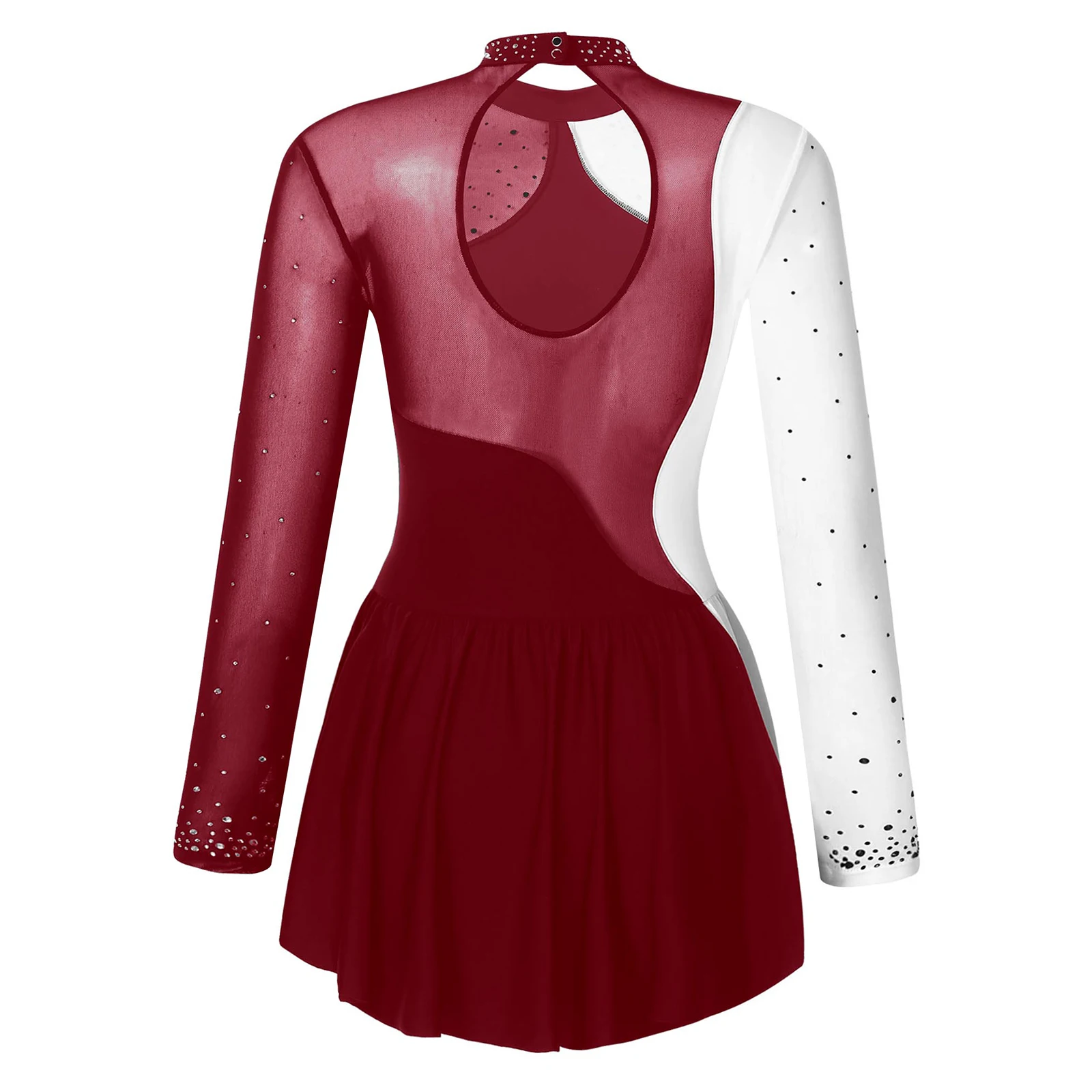 Women Sparkly Rhinestone Figure Skating Dance Dresses Long Sleeve Color Block Hollow Out Back Built-in Briefs Patchwork Dresses