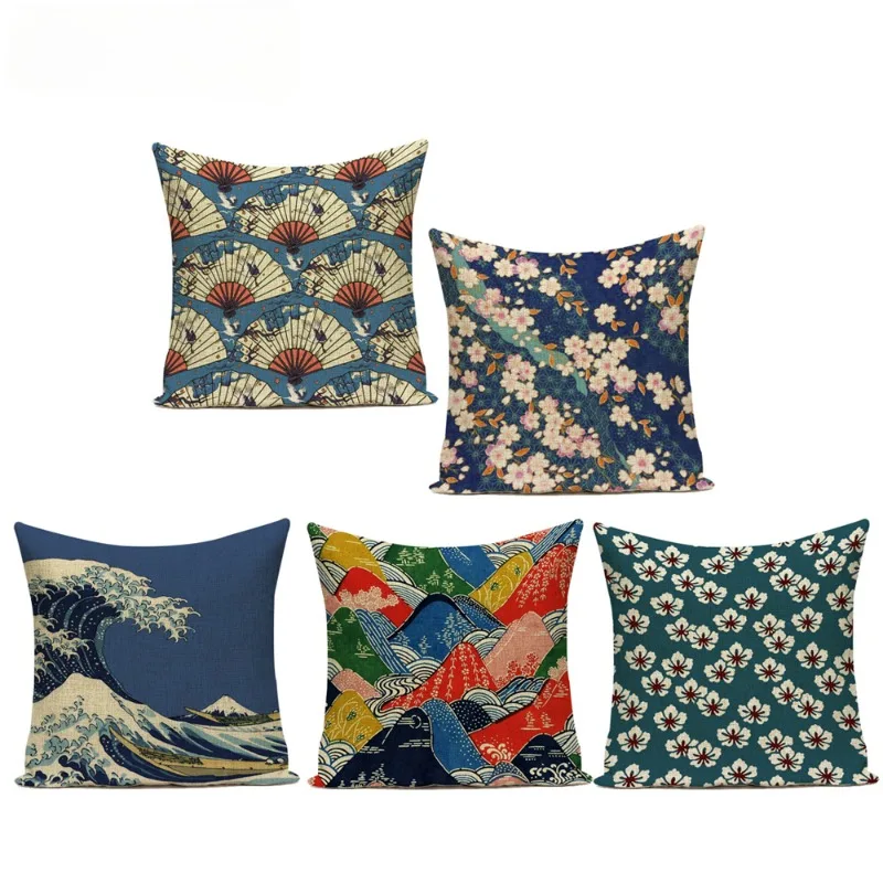 Japanese Style Scenic Mount and Wave Printed Throw Pillow Cushion Cover Square Decoration For Sofa Home Capa De Almofadas 45X45