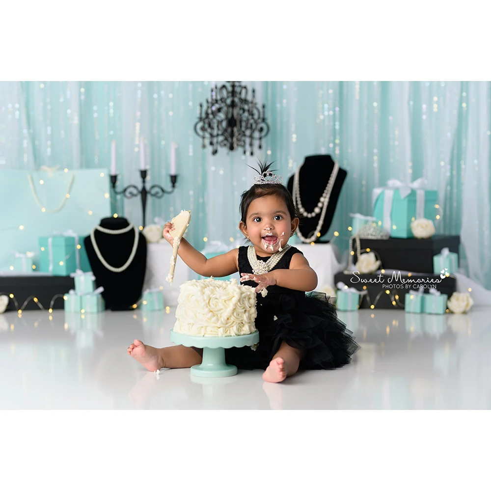 Something Tiffanys Photo Background Birthday Cake Smash Photography Backdrop Pearl Necklace White Flowers Photo Studio Props