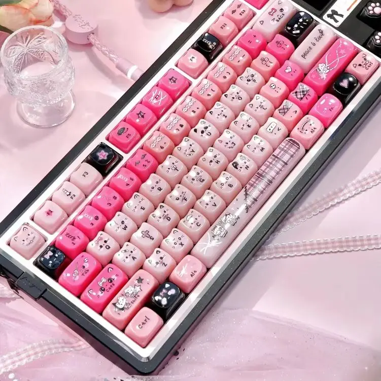 MAIMOOO Pink Cat Keycaps Jelly Texture Pc Material Suitable For Aula F75 F87 F99 Keyboard Translucent MAO Cute Keycap