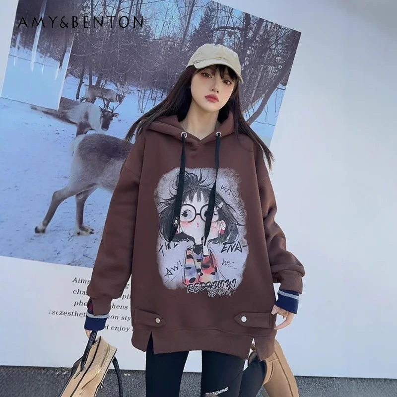 

Winter New Kawaii White Hooded Women's Clothing Fleece Thickened Hoodies Versatile Top Cartoon Casual Loose Fashion Sweatshirts