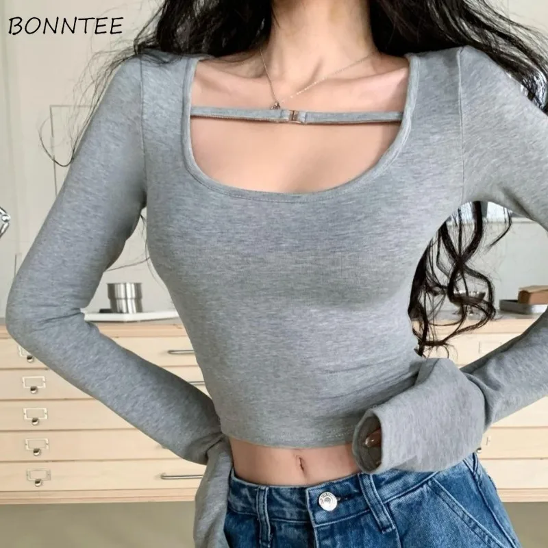 

Slim T-shirts for Women Sexy Girls Spring Clothing Skinny Long Sleeve Fashion O-neck Casual Soft Korean Style All-match Chic