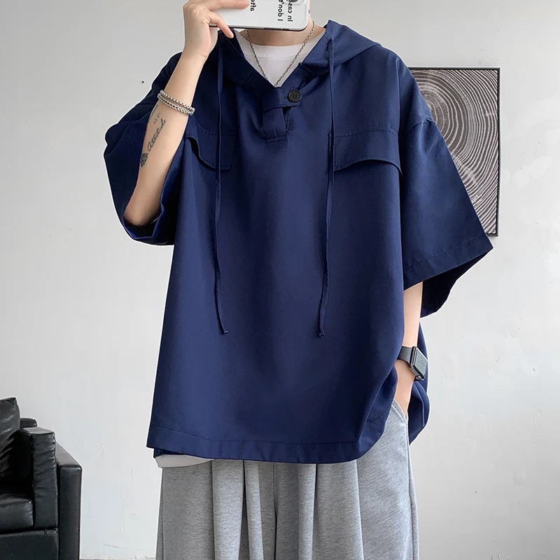2026 5 Colors Summer Hooded T shirt Men Korean Half Sleeve Pullover Streetwear Loose T-shirt Tops Drawstring Men Clothing 5XL-S