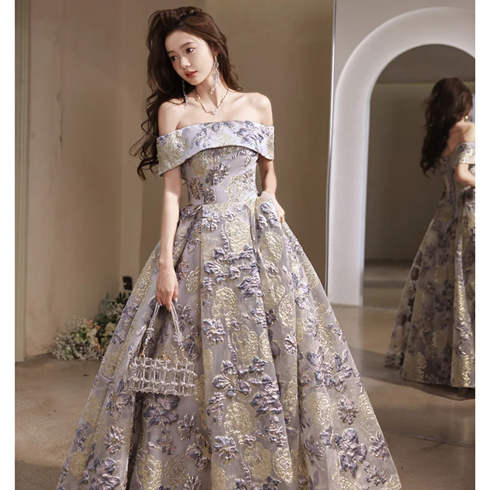 Light Luxury Women\'s Evening Dress Grey Flower Texture Printing Princess Dress Elegant Off Shoulder Floor Length A-Line Vestido