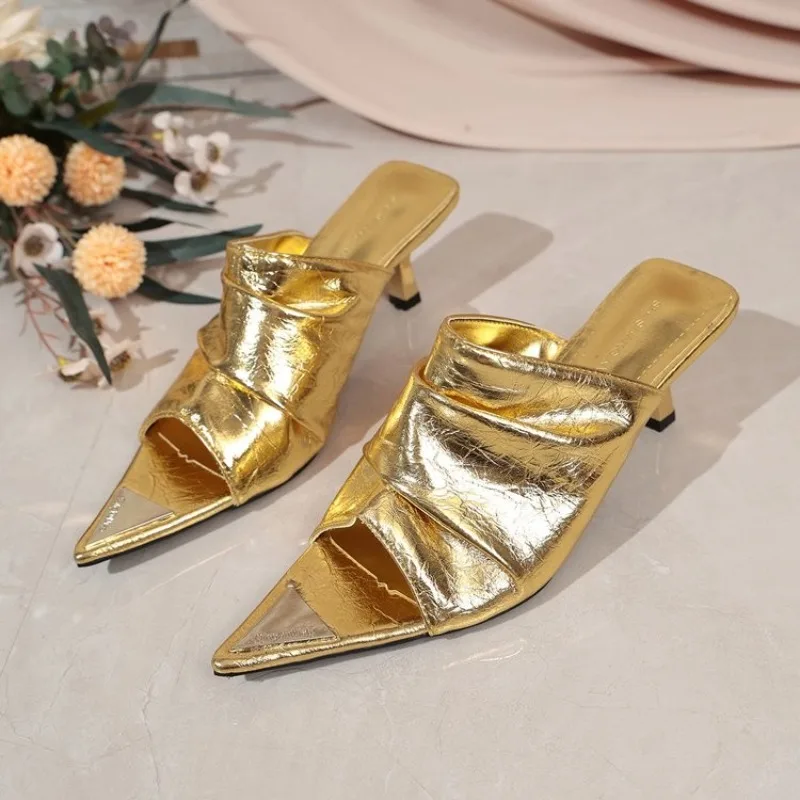 

Temperament Pointed Toe Pleated Slippers Women 2026 New High Heel Fashion Outside Wear High Heel Sandals