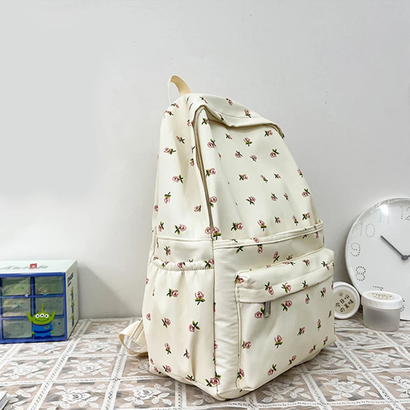 Floral Print Nylon Sweet Solid Color Backpacks for Women Fashion Causal All Match Large Capacity Waterproof Shoulder Bag Mochila