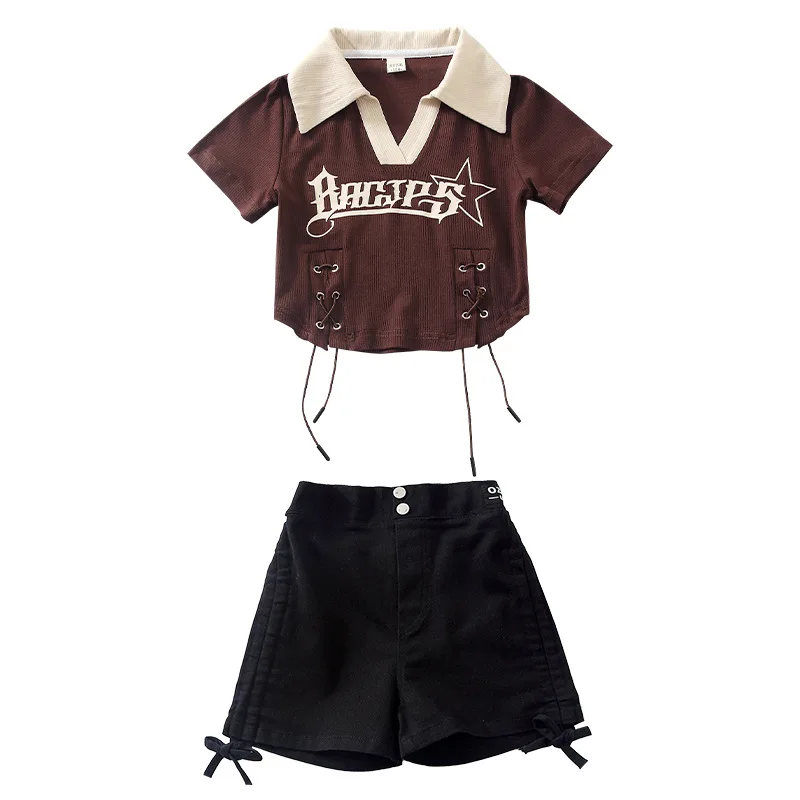Criança hip hop roupas marrom lapela v pescoço colheita topo t camisa rua cordão ruched shorts para meninas trajes de dança jazz roupas