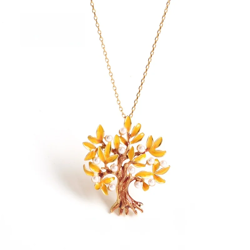 Sumni 18K Gold Plated Enamel Yellow Tree Pendant Long Sweater Decoration Chain Shiny Necklace Women Summer Fashion Jewelry