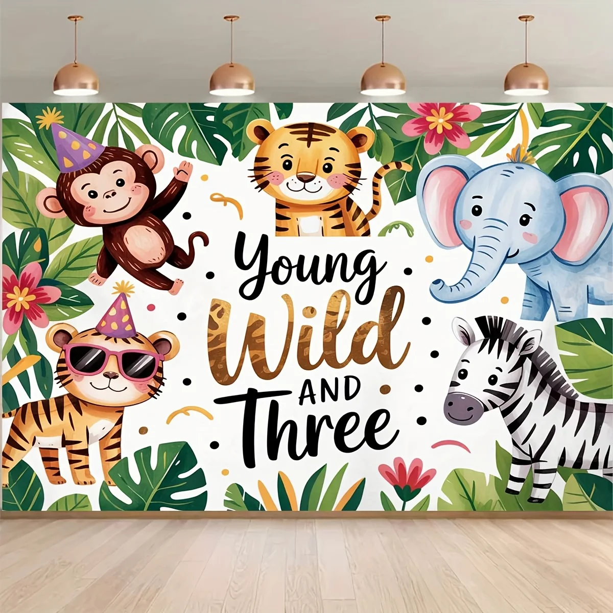 Pancarta para la fiesta de cumpleaños de los tres años con temática de animales de la selva - "Salvaje y Juvenil a la Edad de Tres Años" - con dibujos animados de monos coloridos