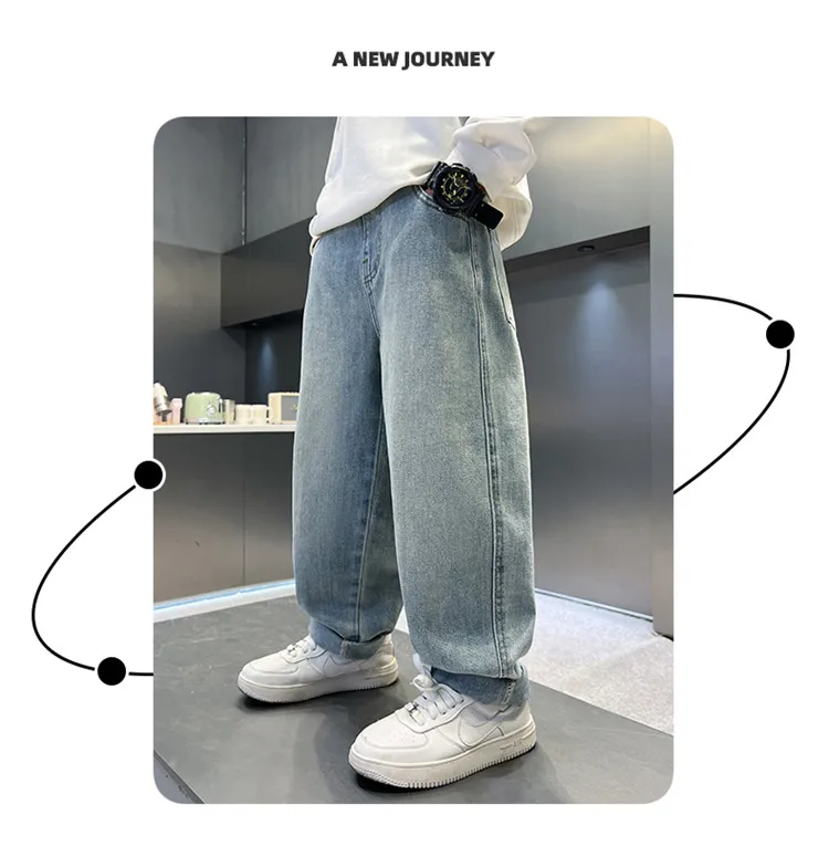 Neues Design: Baggy-Jeans für Teenager-Jungen, lässiger, lockerer Stil, Cartoon-Denim-Hosen, elegante, gerade geschnittene Jeanshosen für Kinder. – Detail 8