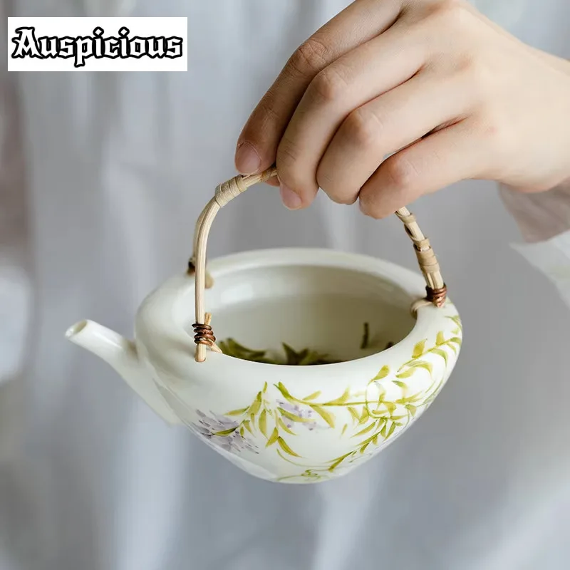 200ml Pure Hand-painted Wisteria Flower Soaking Tea Bowl Creative Green Tea Making Kettle Loop-handled Teapot Kung Fu Teaware