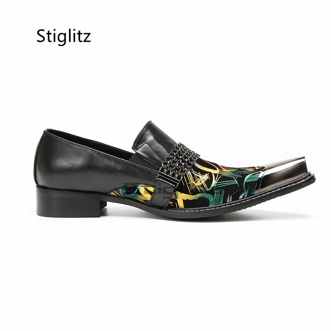 

Genuine Leather Prints Chain Shoes for Men Cowhide Patchwork Metal Pointed Toe British Style Slip On Office Business Dress Shoes