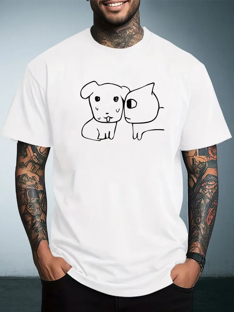 Men Summer Casual Short Sleeve T Shirt Minimalist Line Drawing Puppy And Kitten Graphic Oversized Loose Street Fashion Tees Tops