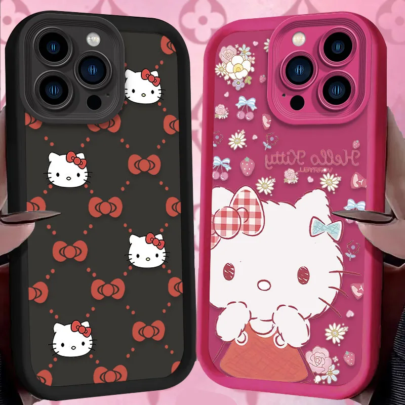 Hello Kitty Flower Bowknot Case For iPhone 16 15 14 13 12 11 Pro Max X XS X S Max XR SE 2020 7 8 Plus iphone16 Silicone Cover