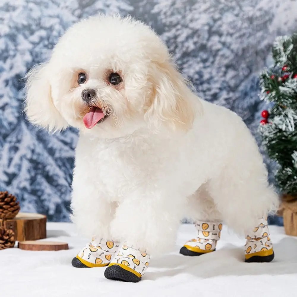 4pcs/set Cartoon Warm Dog Shoes Waterproof Plush Dog Rain Snow Boots Adjustable Soft Anti-slip Puppy Footwear Winter