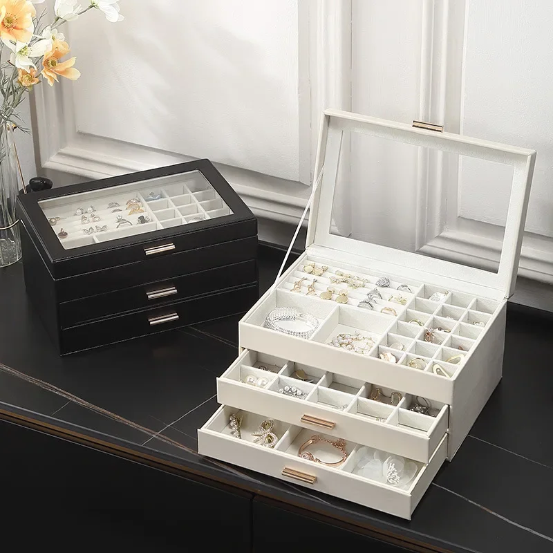 3-Layer Rack Jewelry Box,PU Leather Jewelry Organizer,Women Jewelry Boxes with 2 Drawers Large Storage Box for Earring Necklaces