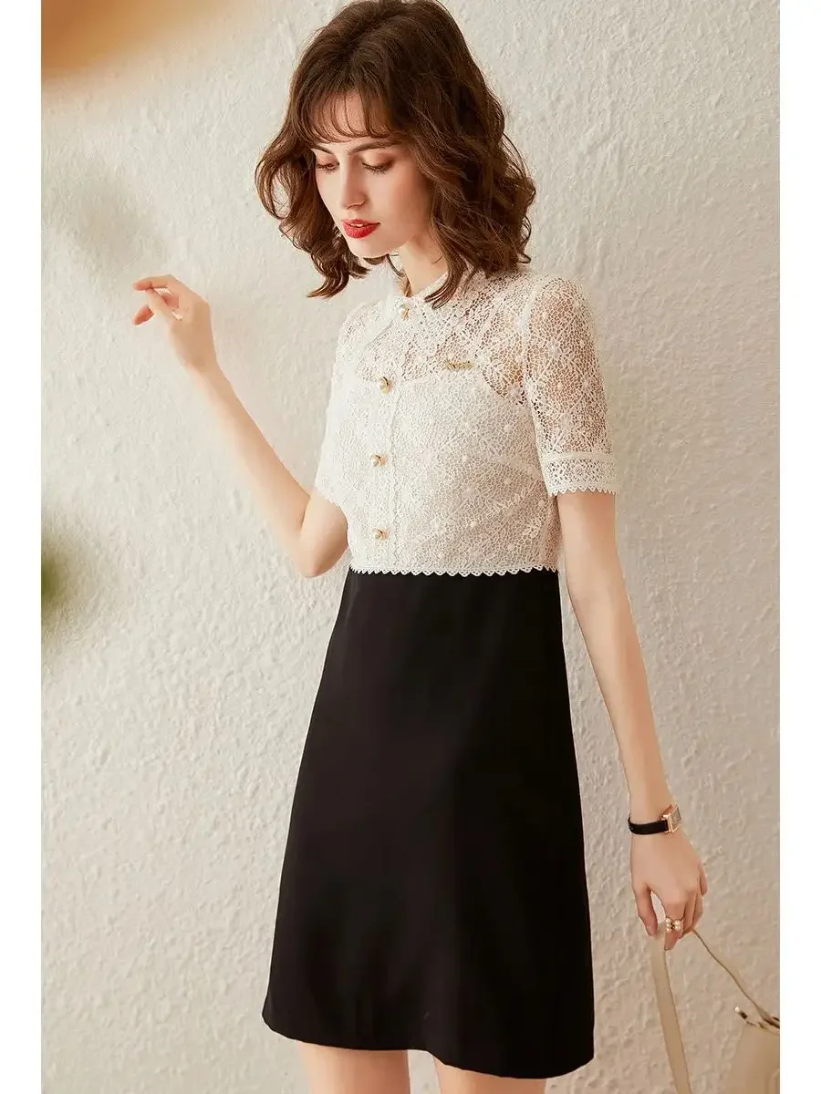 LOUIS YAO Women Dress Fake Two Pieces Contrast Coloar Lace Dress 2024 Summer New Short Sleeve Fashionable Slim Fit Short Dress