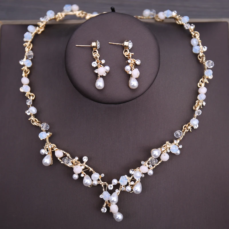 Luxury Crystal Beads Pearl Butterfly Costume Jewelry Sets Floral Rhinestone Choker Necklace Earrings Tiara Wedding Jewelry Set image 4