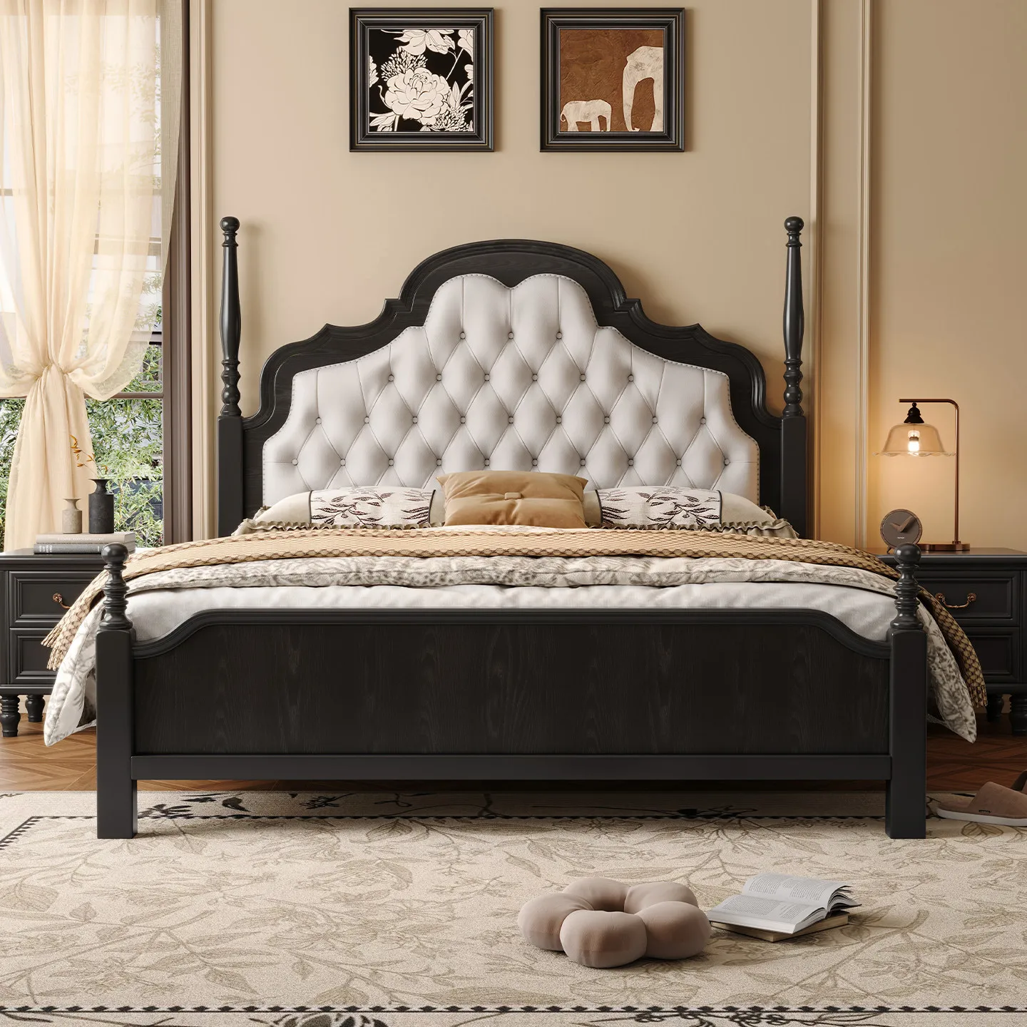 Any Size Custom Luxury French American Mid Century Black Solid Wood Bed Leather Headboard Sturdy Durable Master Bed