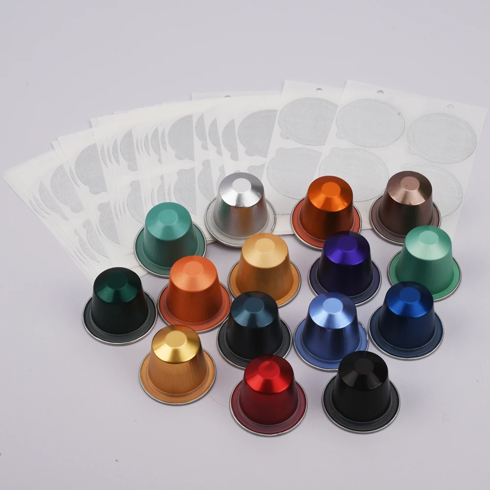 Lot de 100 capsules de café vides en aluminium avec couvercle - Jetables - Rechargeables - Film autocollant - Pour tasses à café