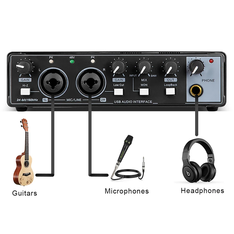 Audio Interface for Recording Portable Professional Sound Card with Loopback Monitor 48V Phantom for Audio Equipment Guitar