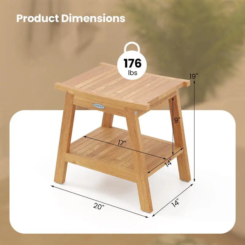 20 Inches Teak Wood Shower Bench with Storage Shelf and Adjustable Foot Pads