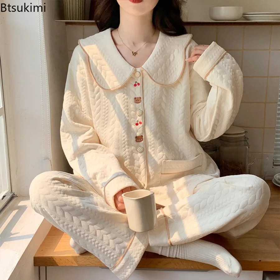 

Autumn and Winter Sleepwear Women's Warm Thick Cotton Long Sleeved Pants Doll Collar Sweet Home Clothes Two-piece Sets for Women