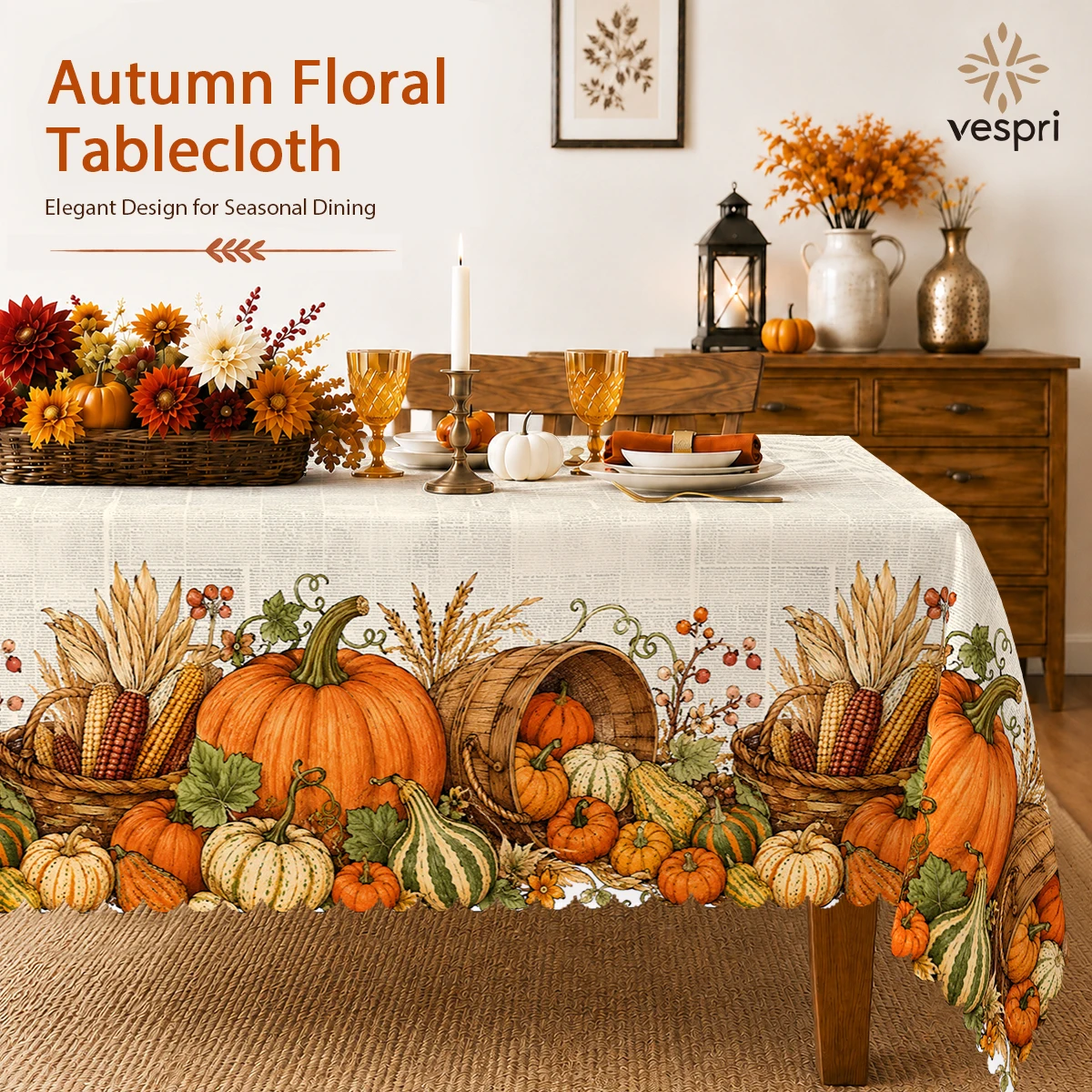 Harvest Tablecloth with Pumpkins and Harvest Carts for Indoor/Outdoor Camping decor, Rectangular/Round/Oval