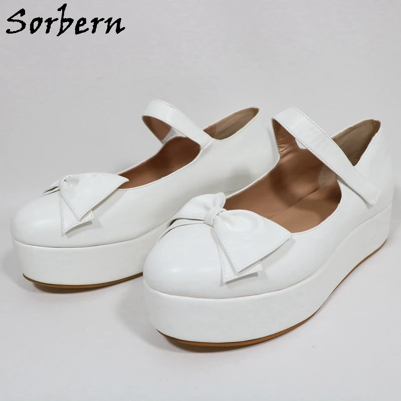 Sorbern White Mary Jane Women Pumps 0Cm 2Cm 4Cm Different Flatform Wedge Heels Round Toe With Bowknot Pump Shoes Custom Color