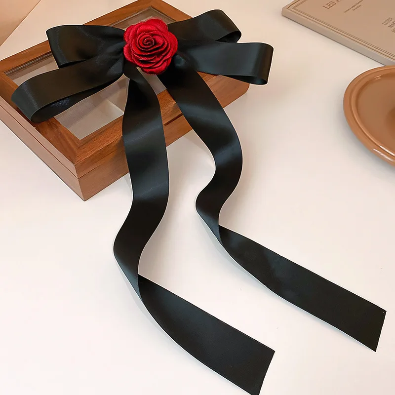 Lystrfac New Rose Blossom Bowknot Hairpin for Women Red Long Ribbon Design Spring Clip Fashion Female Hairgrips Hair Accessories