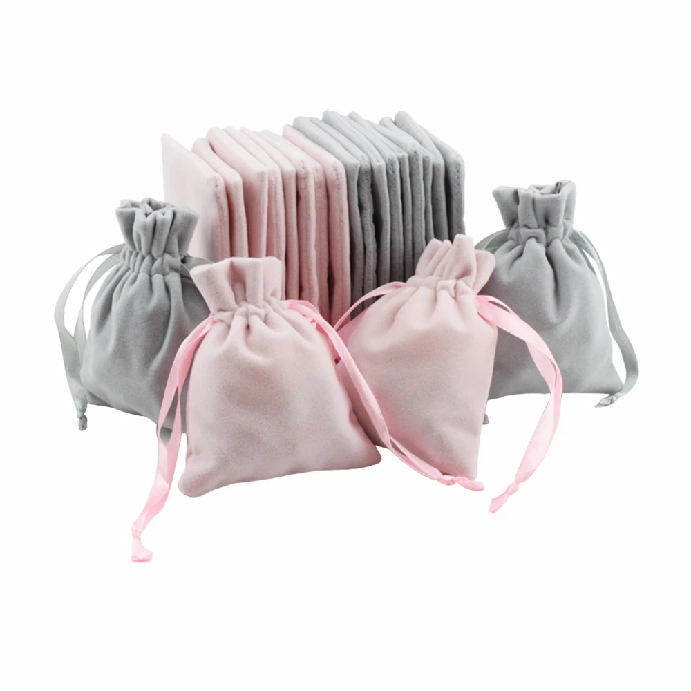 50pcs Jewelry velvet Ribbon Drawstring Bag 8x10cm Packaging Chic Grey Pink Velvet Pouch for Wedding Favor Gift Bags